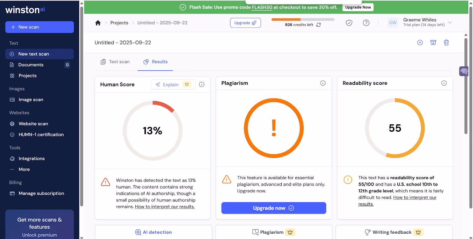 Winston AI detection results for an AI-generated promotional email