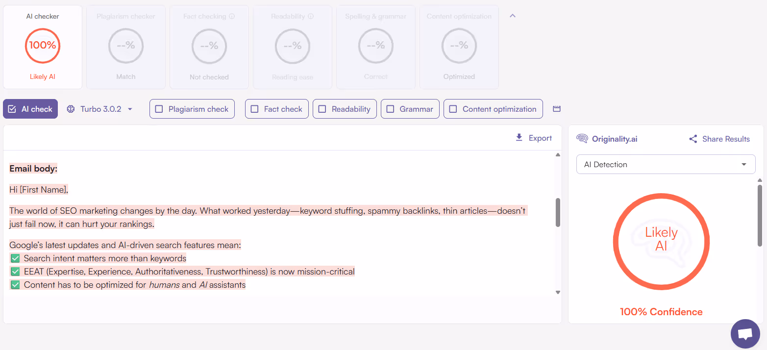 Originality.ai scan of an AI-generated promotional email