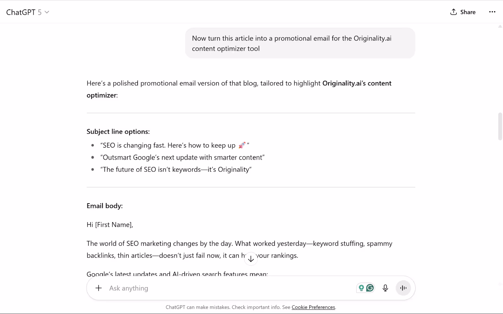 ChatGPT-5 generated text sample for a promotional email