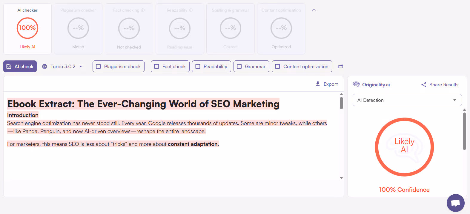 Originality.ai scan of an AI-generated e-book sample
