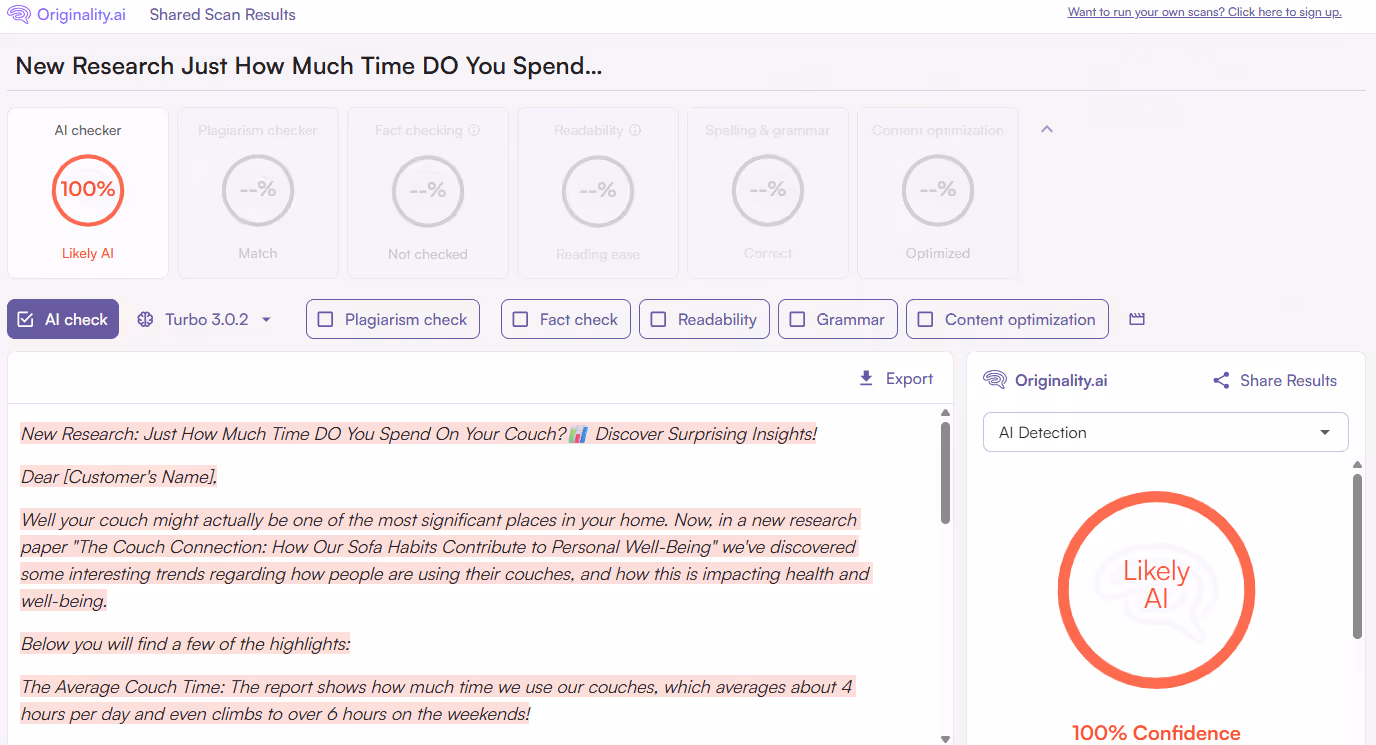 Originality.ai scan of text humanized by rewritify