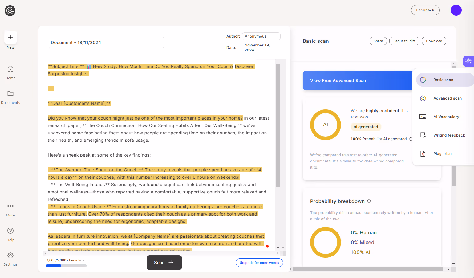 GPTZero scan of AI-generated text