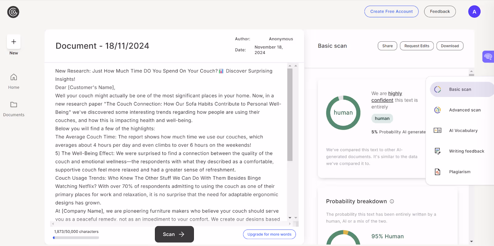 GPTZero scan of humanized text