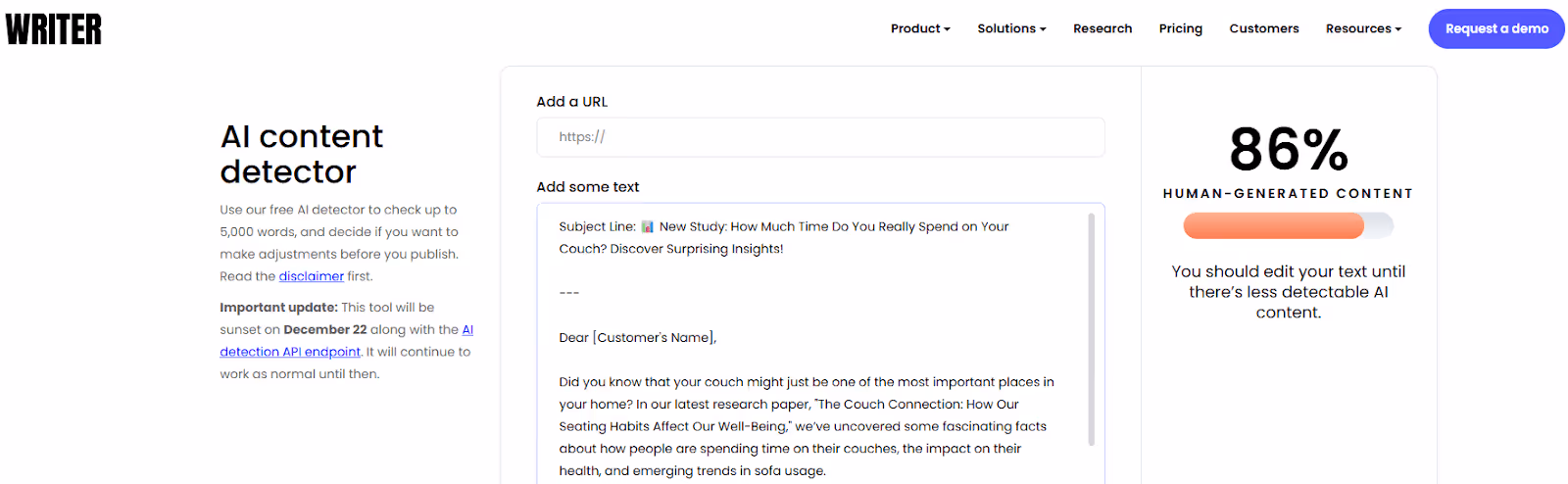 Writer scan of AI generated text