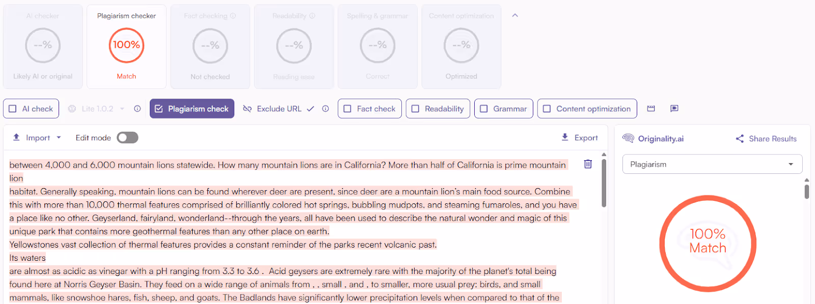 Originality.ai scan of patchwork plagiarism
