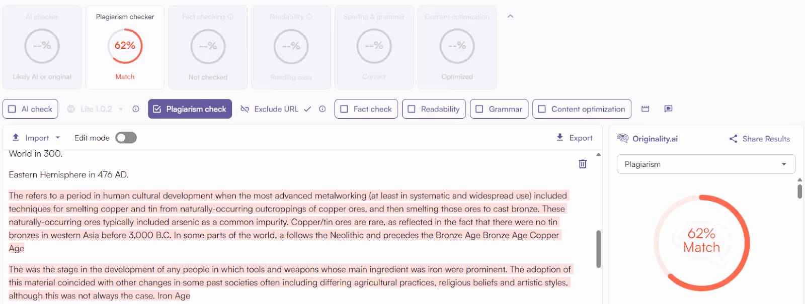 Originality.ai scan of patchwork plagiarism