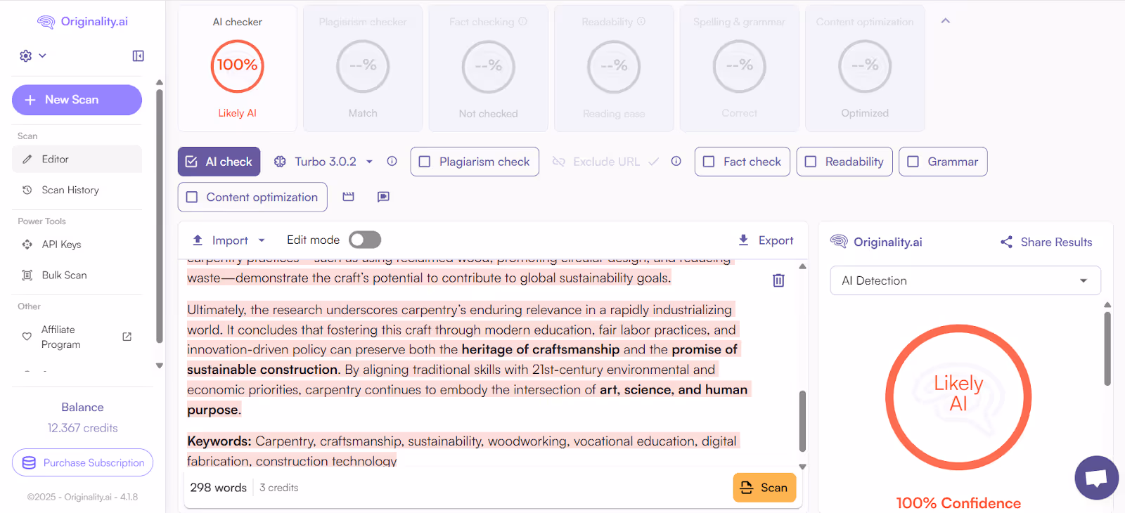 Originality.ai AI detection for a research paper