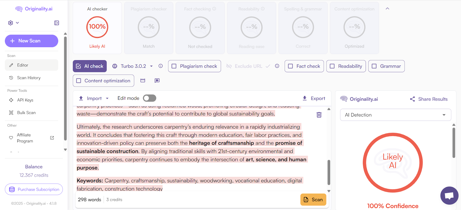 Originality.ai AI detection for a research paper