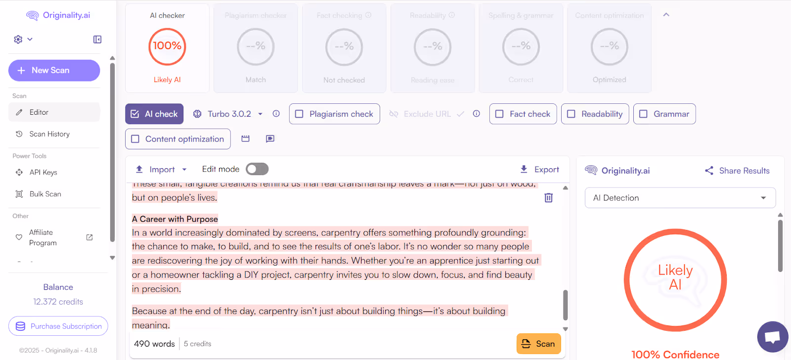 Originality.ai scan of AI text
