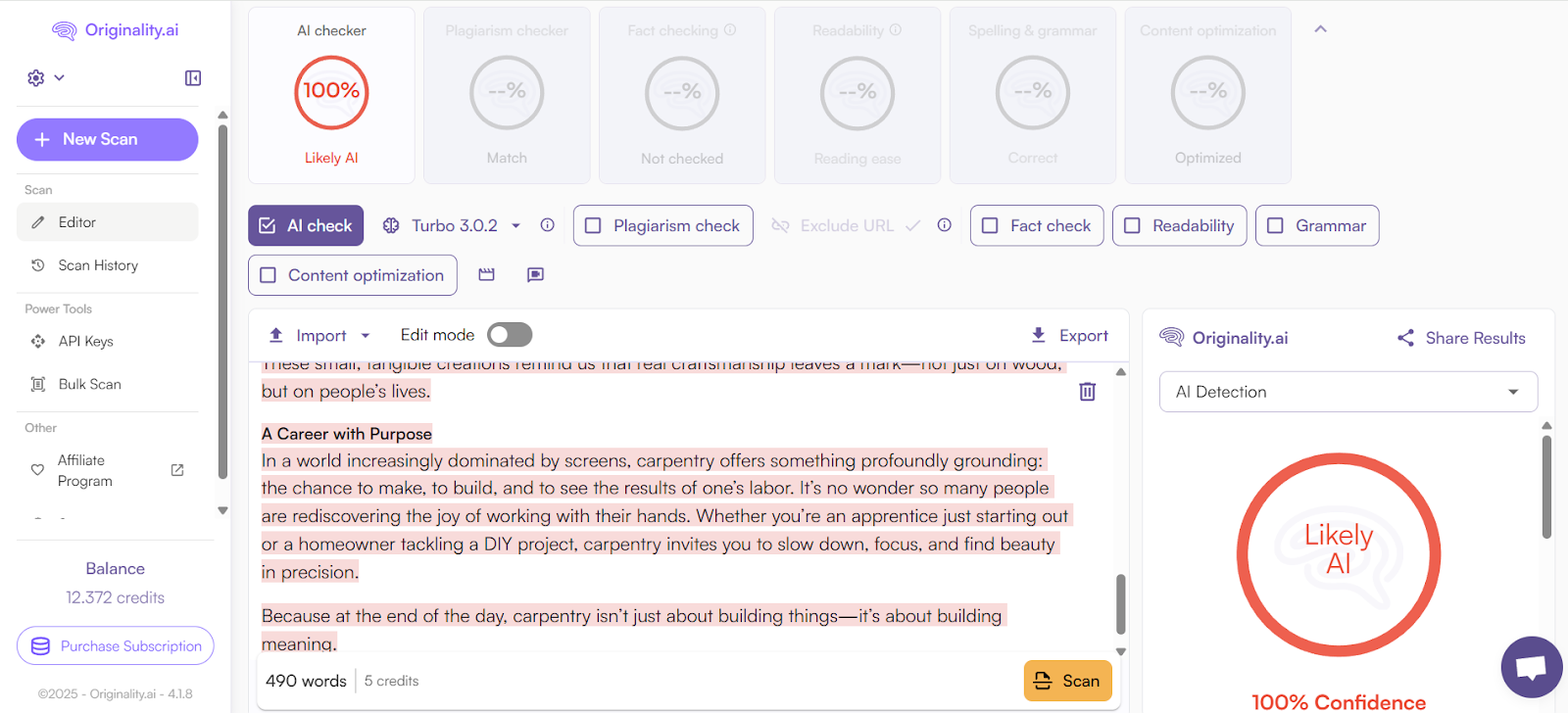 Originality.ai scan of AI text