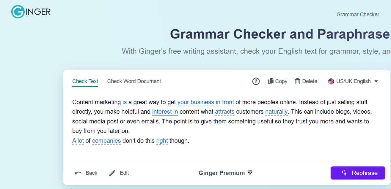 Ginger Software with sample text