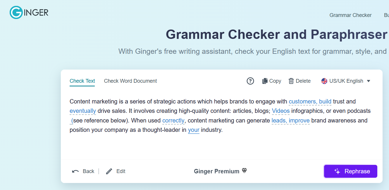 Ginger software with sample text