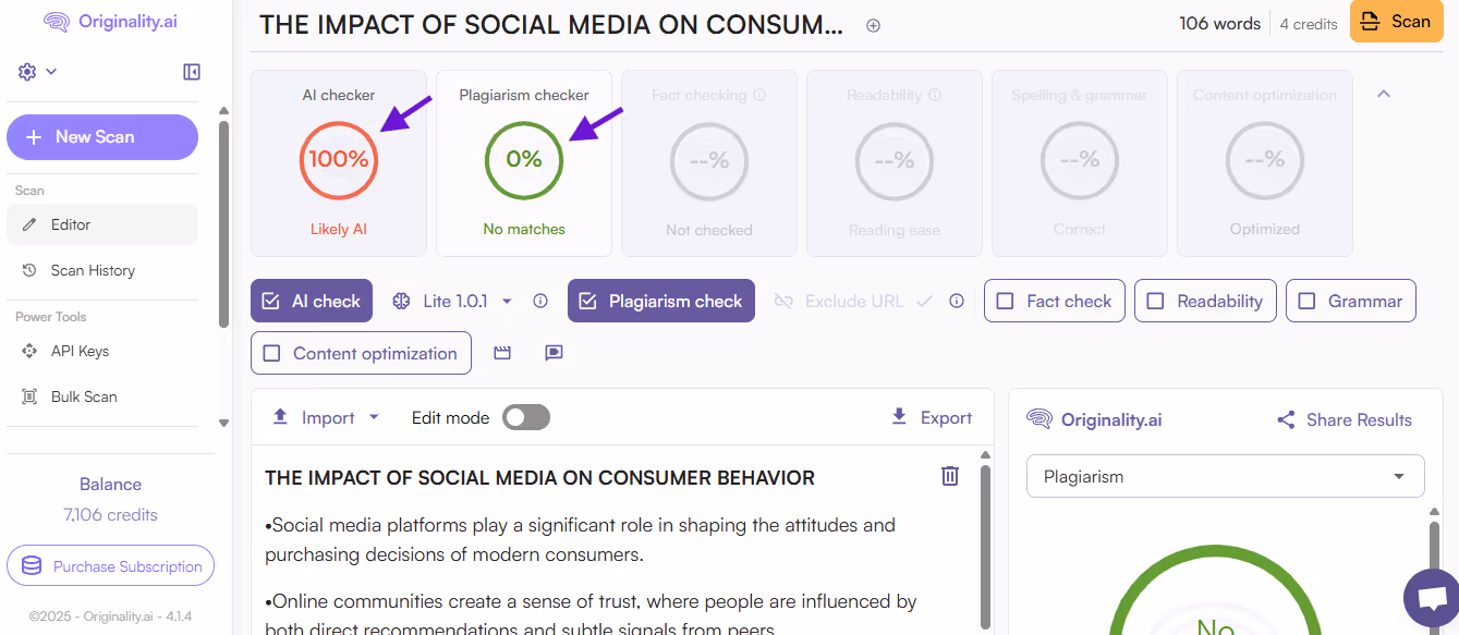 Originality.ai AI scan of AI-generated text from a PowerPoint slide