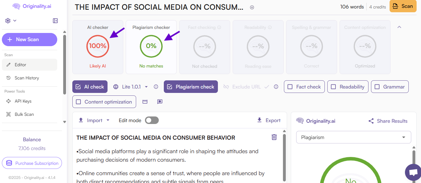 Originality.ai AI scan of AI-generated text from a PowerPoint slide