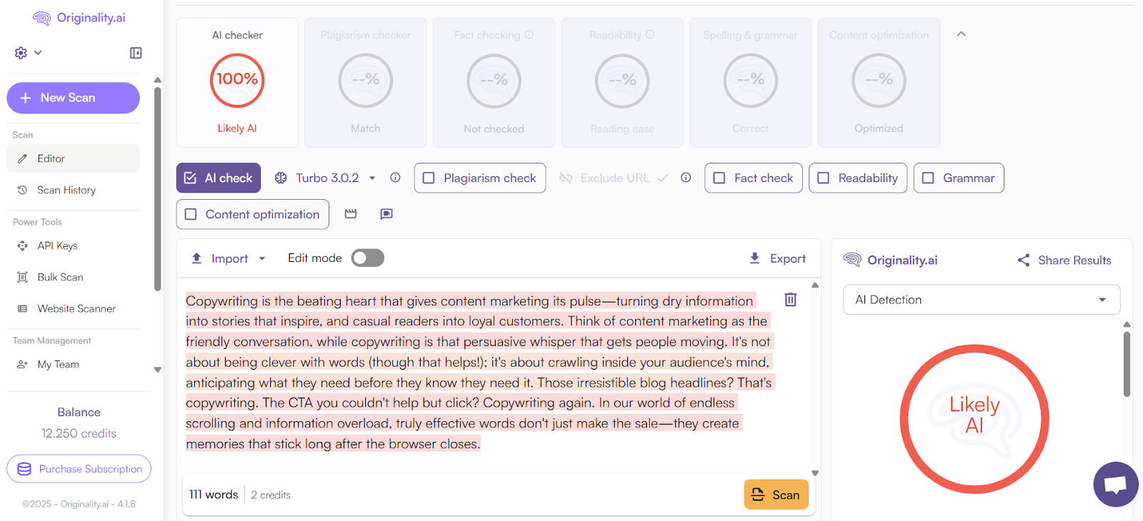 Originality.ai detects the rewritten text with 100% Confidence as Likely AI