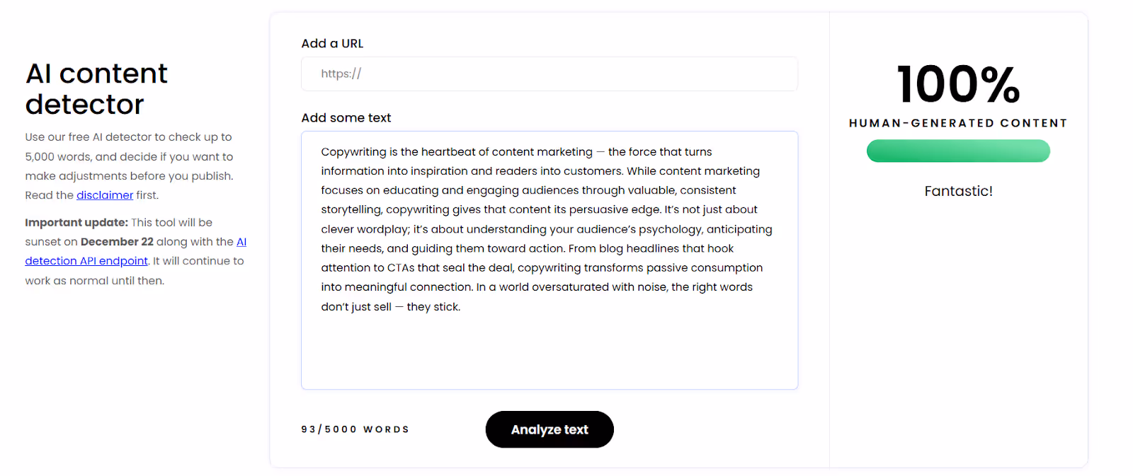 Writer’s AI detector found that the default text was 100% human