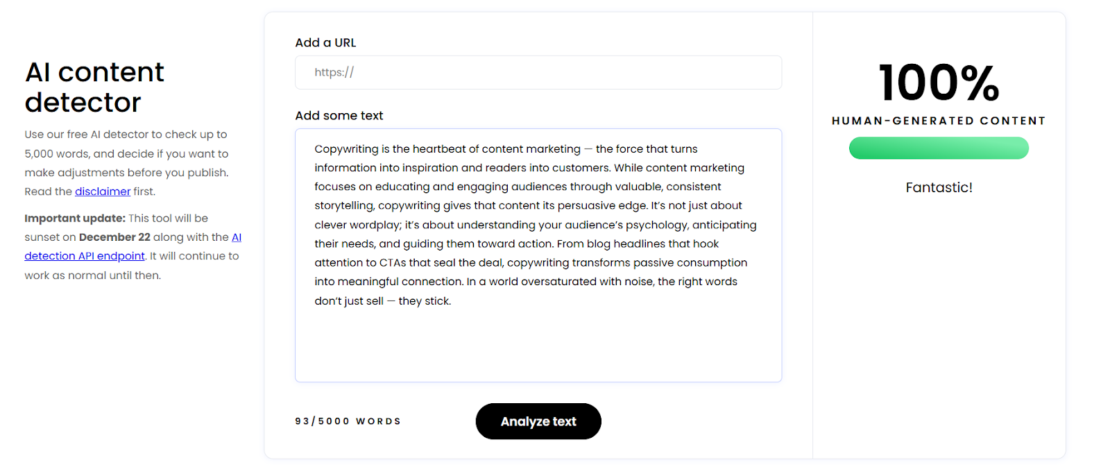 Writer’s AI detector found that the default text was 100% human
