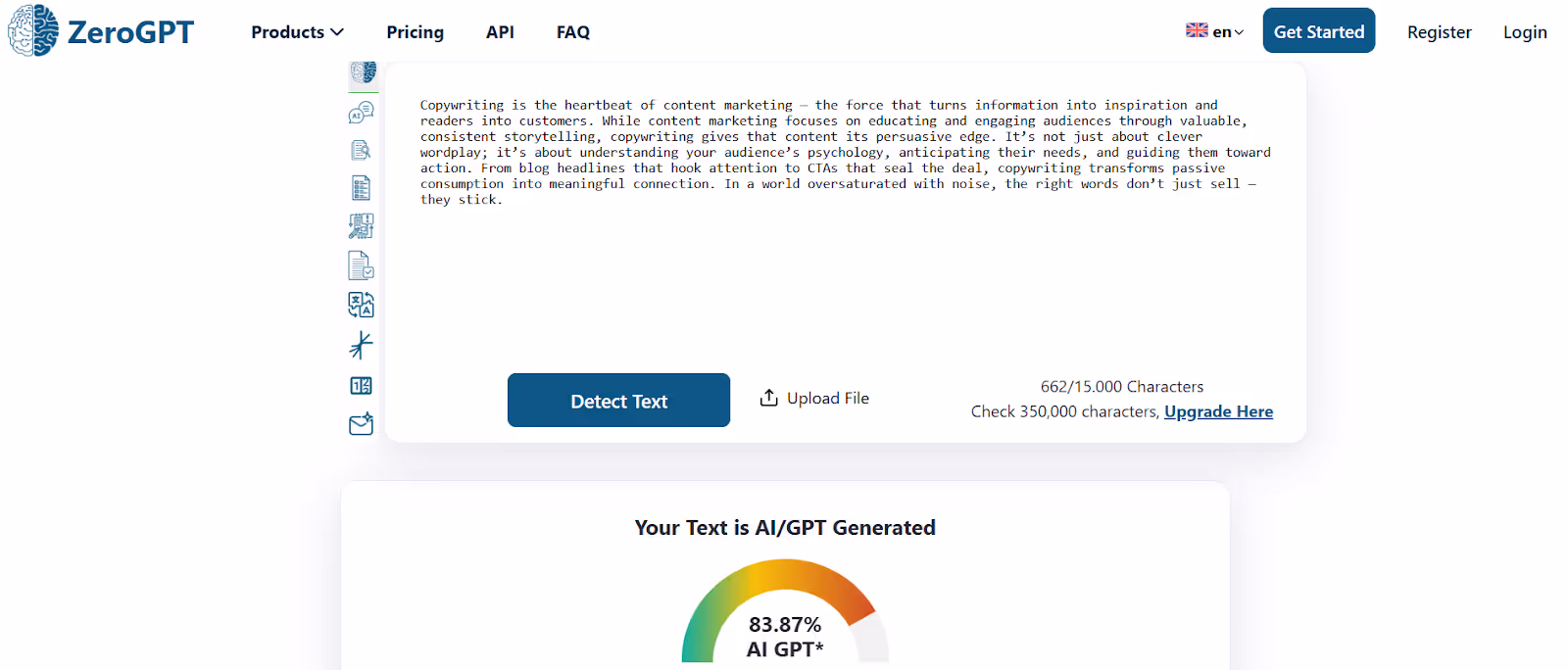ZeroGPT detected the original AI-generated text as 83.87% GPT-generated