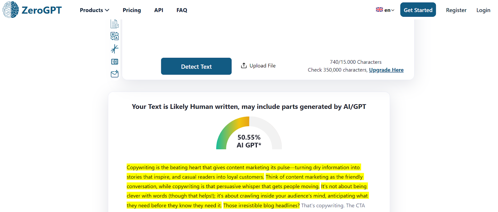 ZeroGPT detected the Type.ai text as 50.55% AI-generated