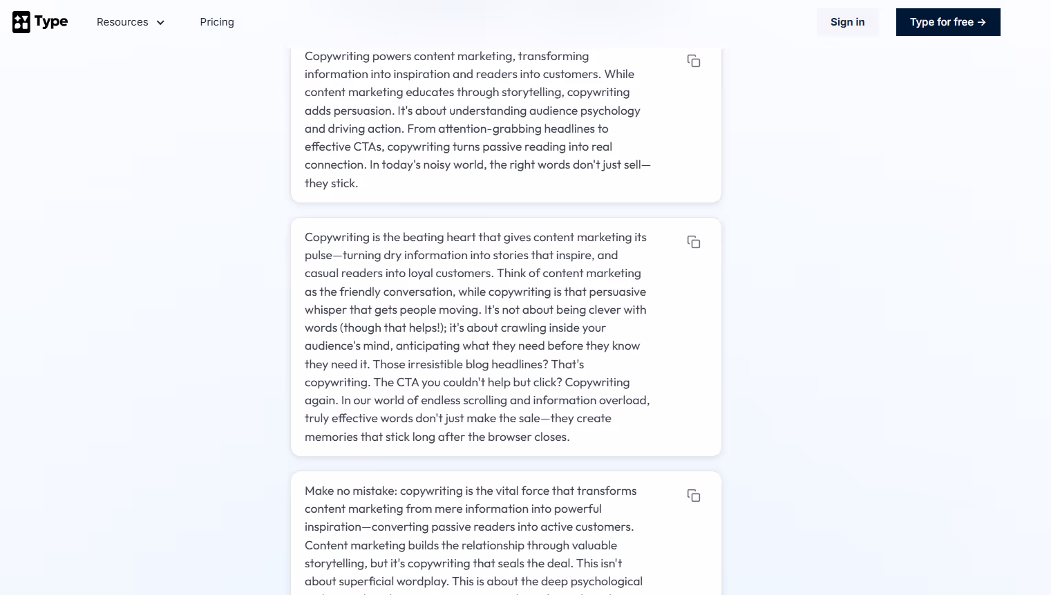 Three paragraph options rewritten by Type.ai
