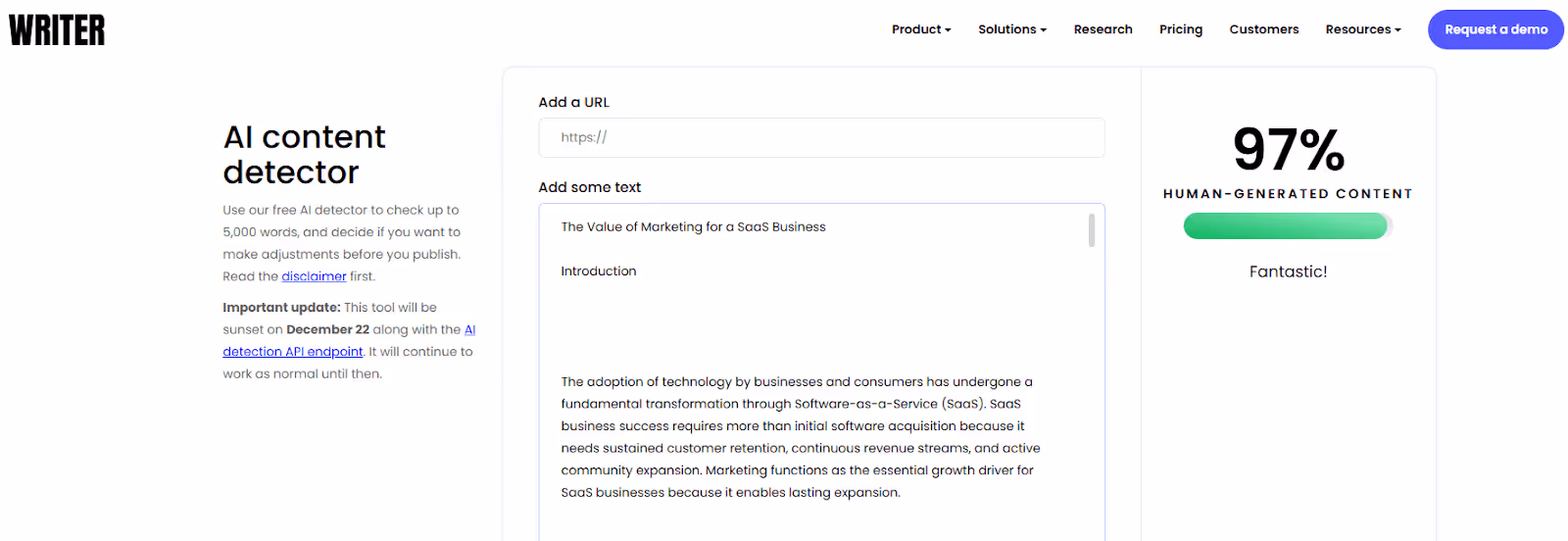Writer AI Content Detector Scan of Undetectable AI Humanized Text