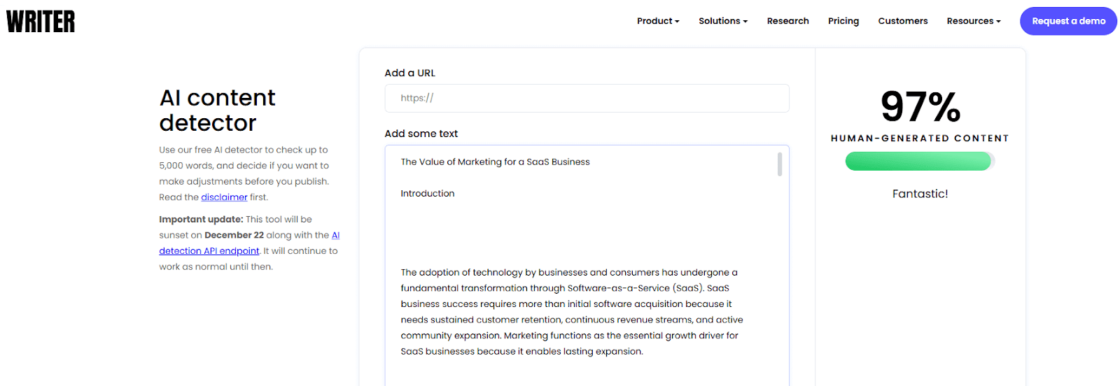 Writer AI Content Detector Scan of Undetectable AI Humanized Text