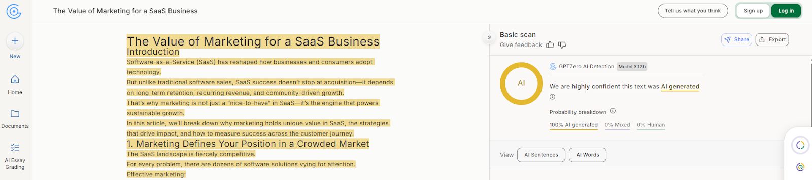GPTZero AI Content Detector Scan of ChatGPT-generated text