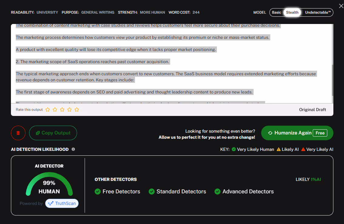 screenshot of humanized text by Undetectable AI