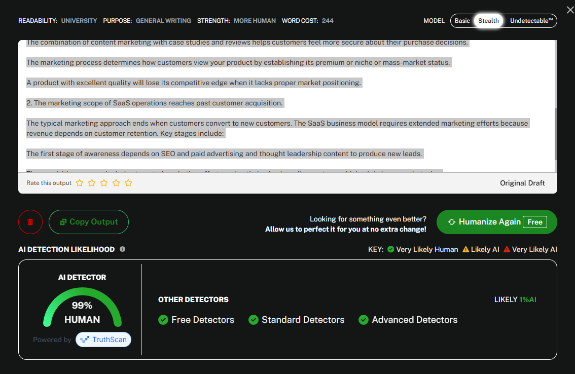 screenshot of humanized text by Undetectable AI