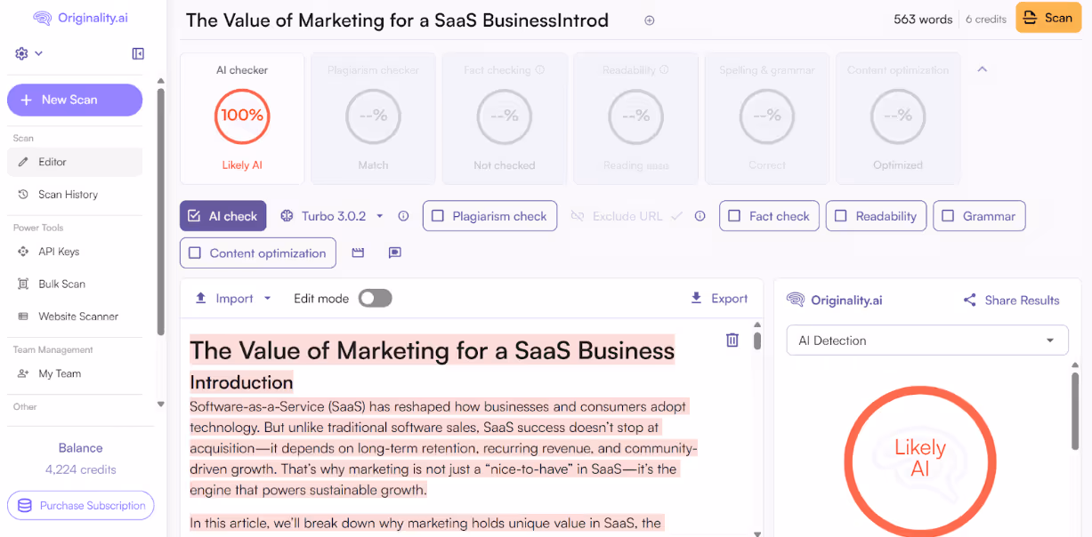 Originality.ai AI Detection Scan of ChatGPT-generated Text