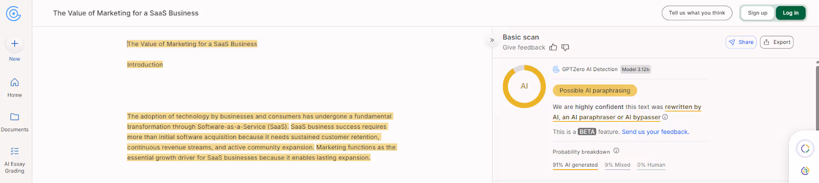 GPTZero AI Content Detector Scan of Undetectable AI humanized text