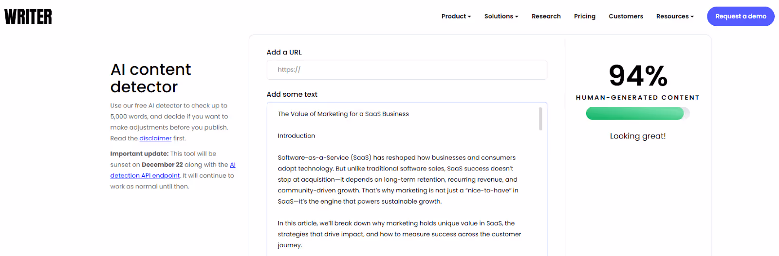 Writer AI Content Detector Scan of ChatGPT-generated Text