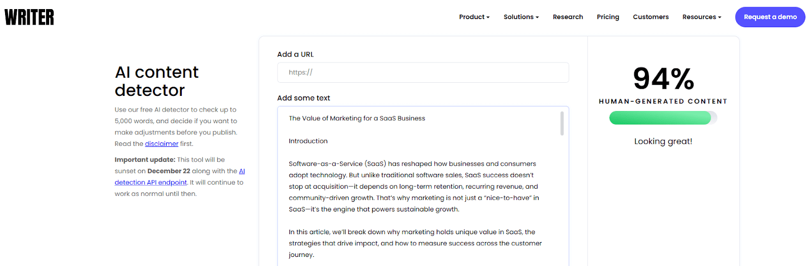 Writer AI Content Detector Scan of ChatGPT-generated Text
