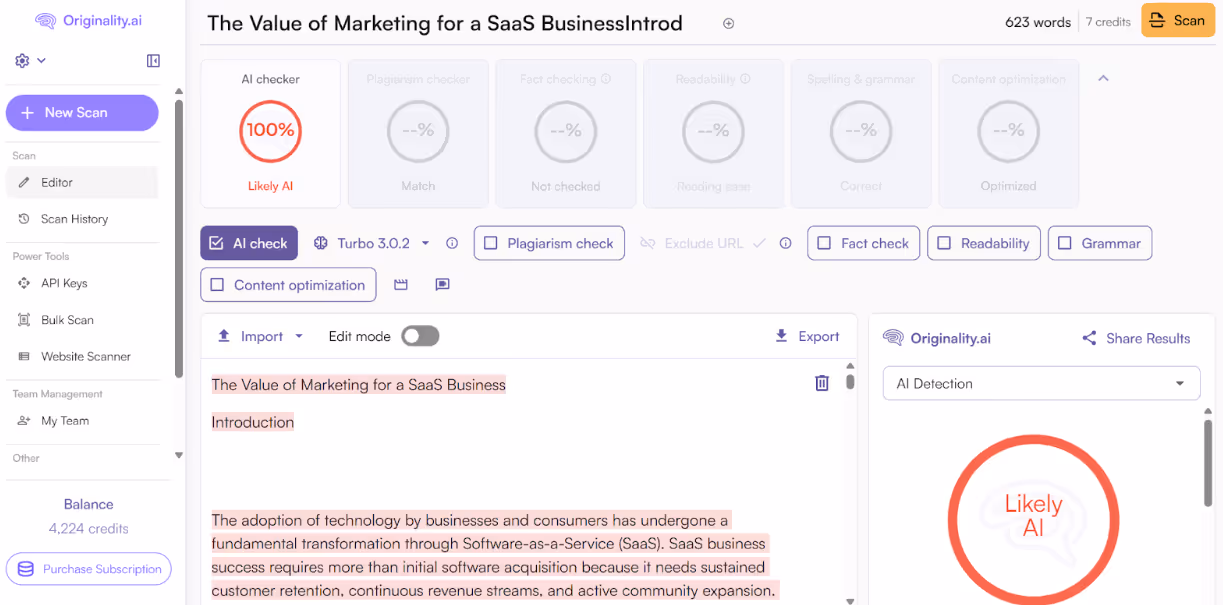 Originality.ai Scan of Undetectable AI Humanized Text, Detected as Likely AI with 100% Confidence