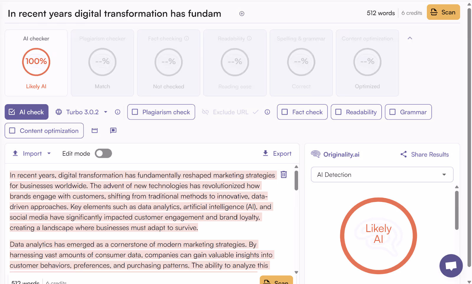Originality.ai Scan of an AI Essay Generated by Wrizzle AI
