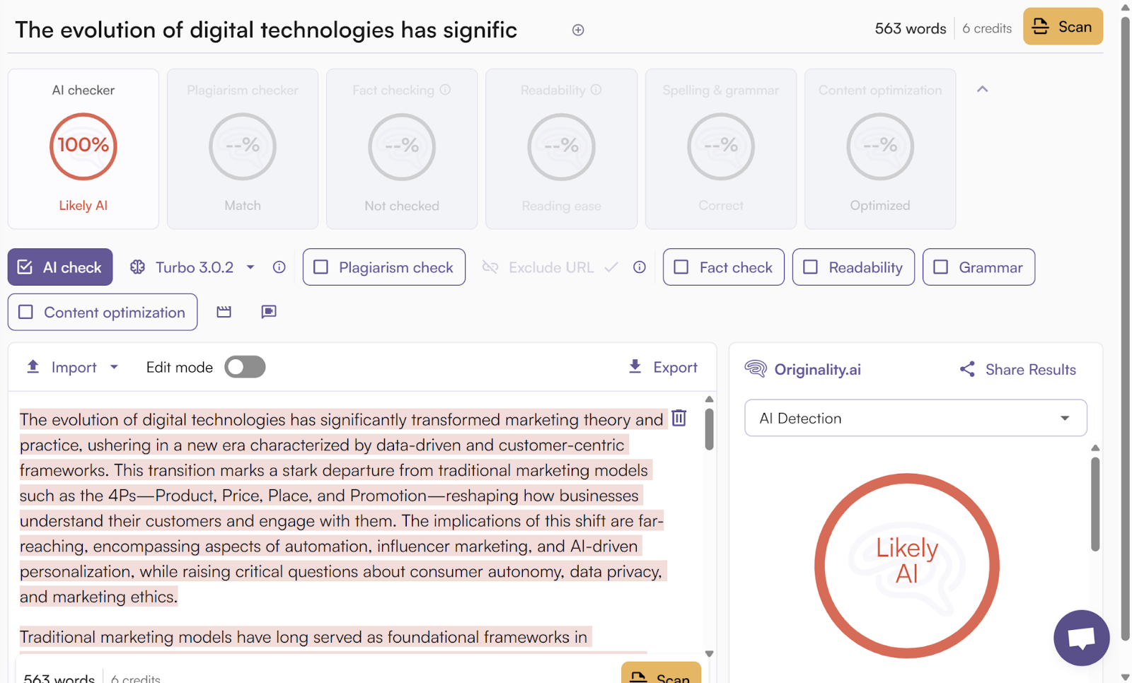 Originality AI Score for a Wrizzle AI-Generated Essay