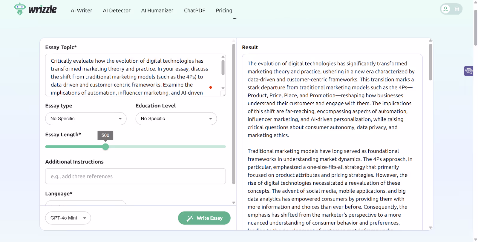 Wrizzle AI AI-generated essay on Marketing and Digital Technologies