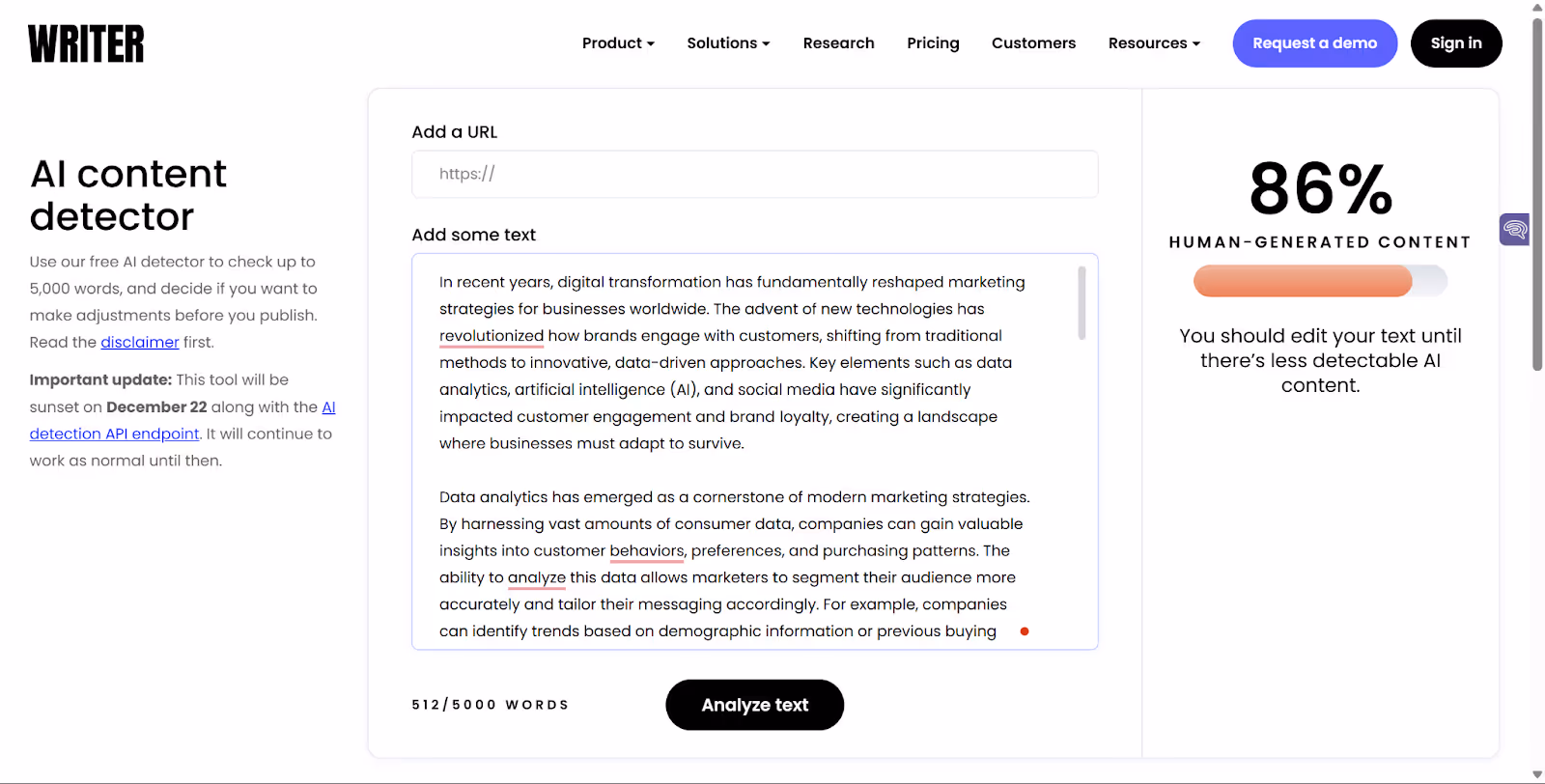 Writer AI Detector Score