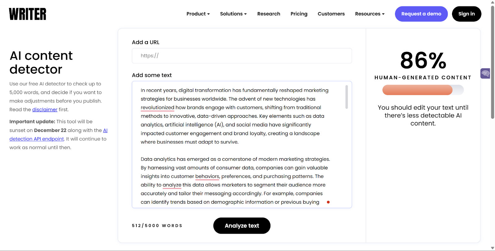 Writer AI Detector Score