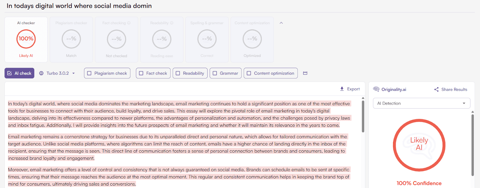 Originality.ai AI Detection Scan of A Writing Lab Generated Essay