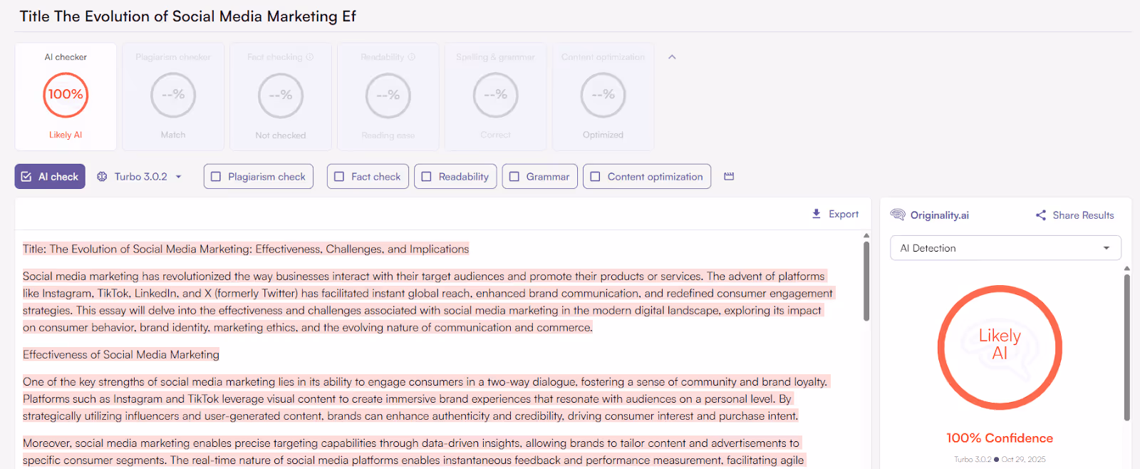 Originality.ai AI Detection Scan of WritingLab AI Essay