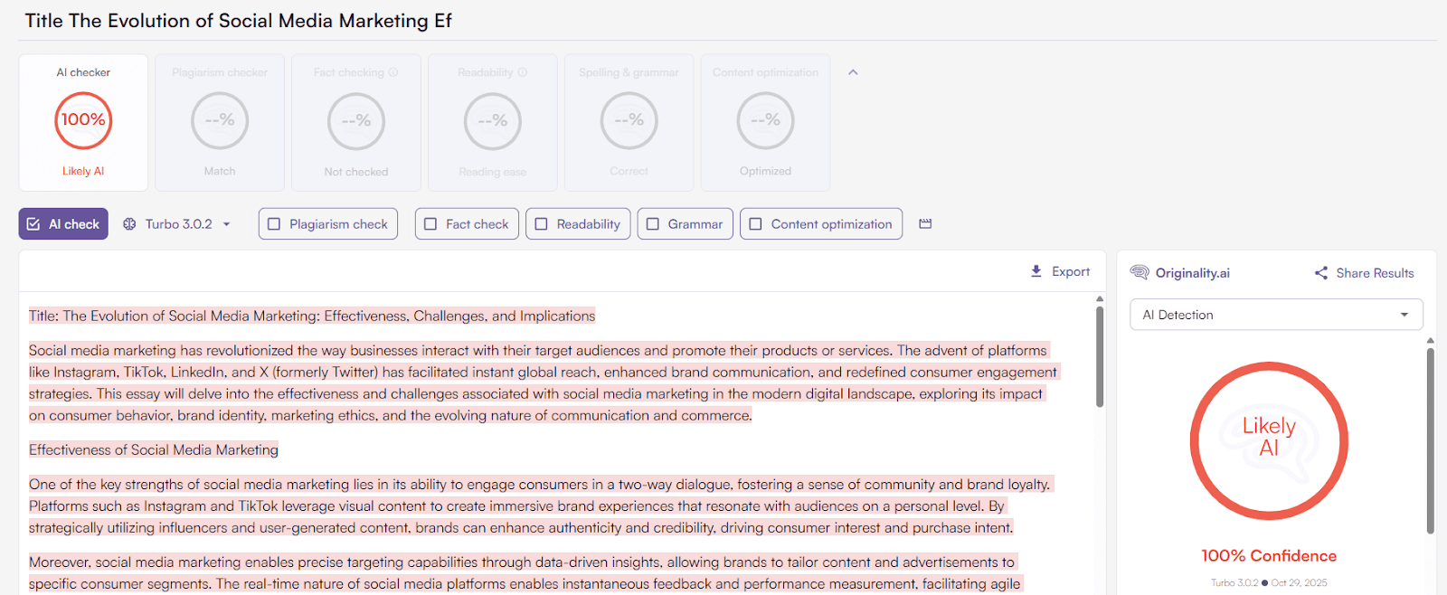 Originality.ai AI Detection Scan of WritingLab AI Essay