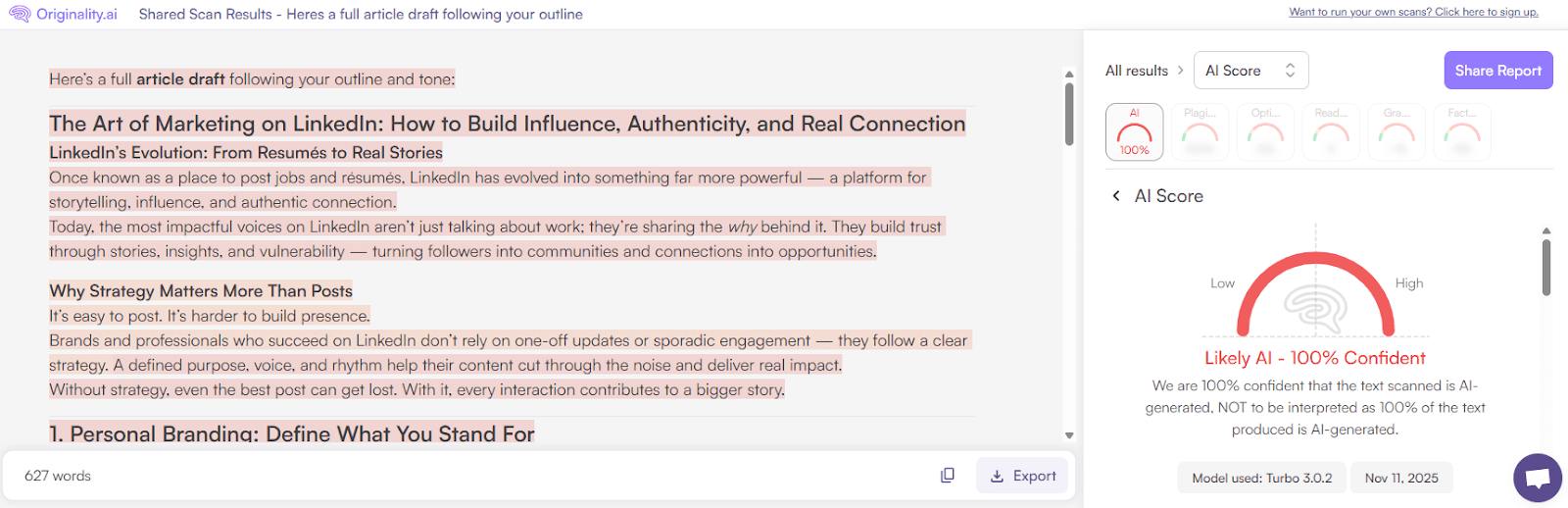 Originality.ai AI Checker Scan