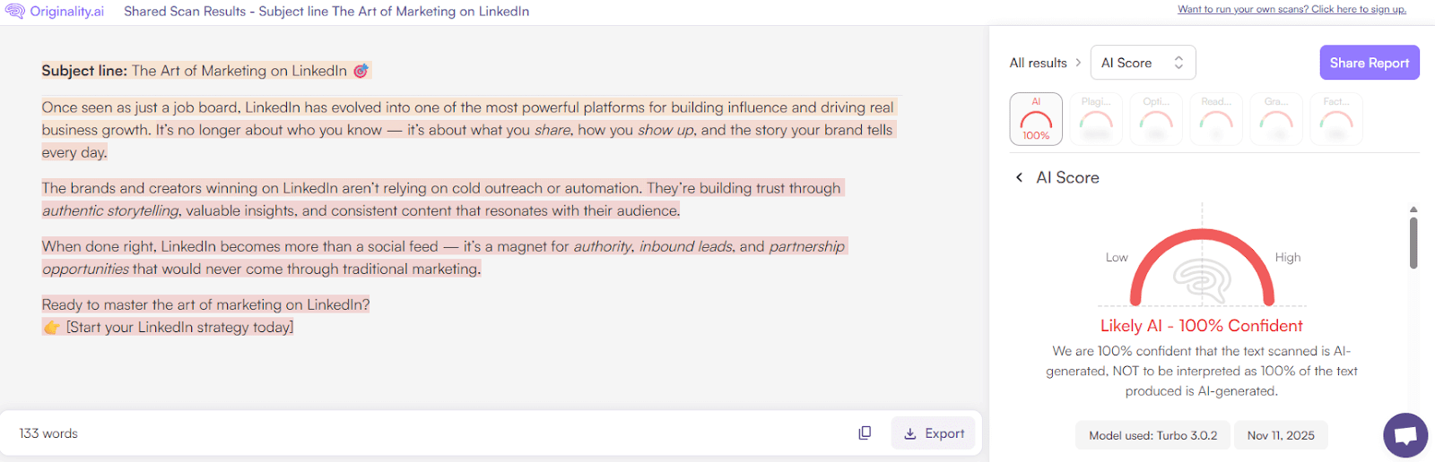 Originality.ai AI Detection Scan