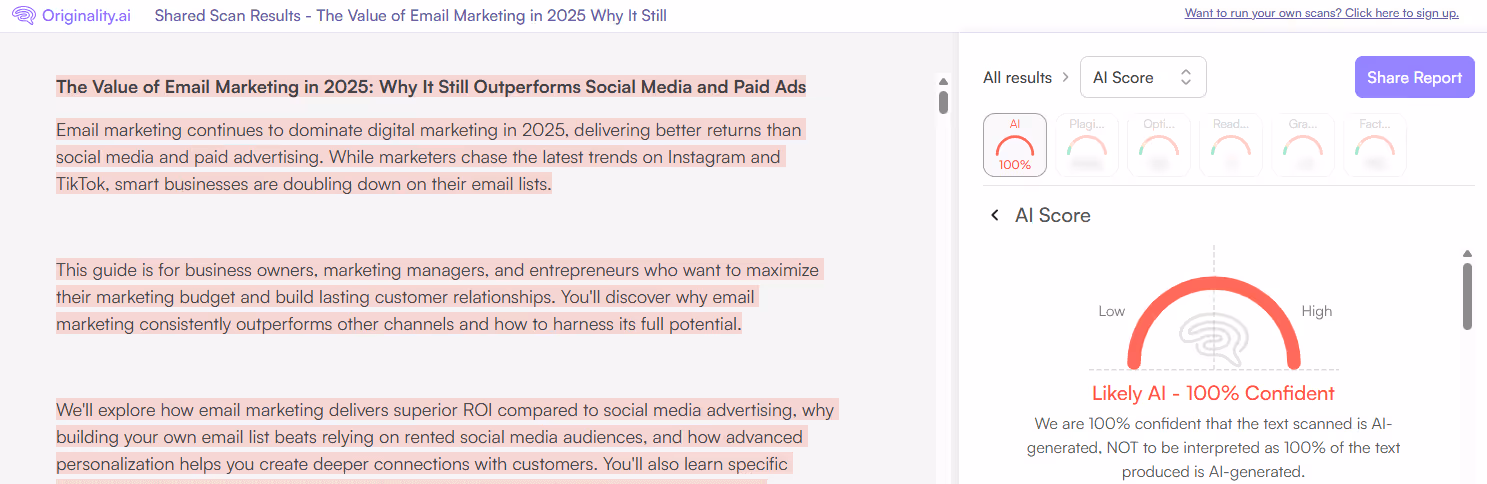 Originality.ai scan of GravityWrite AI-generated content