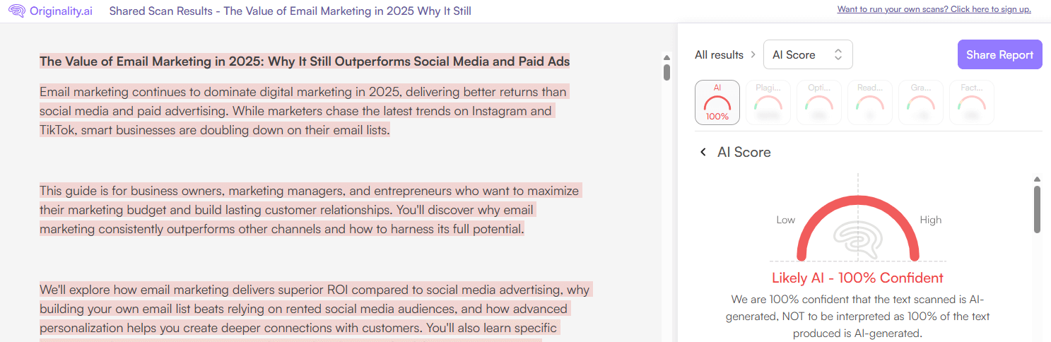 Originality.ai scan of GravityWrite AI-generated content