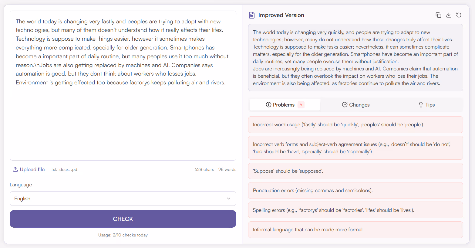 Review results - See the Improved Version plus organized findings (Problems, Changes, Tips).