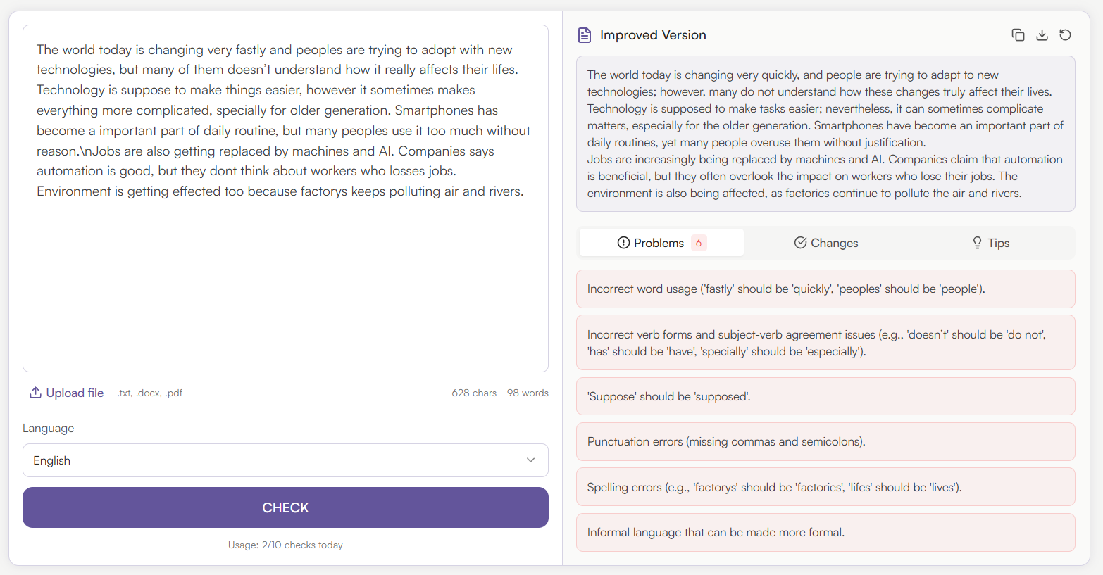 Review results - See the Improved Version plus organized findings (Problems, Changes, Tips).