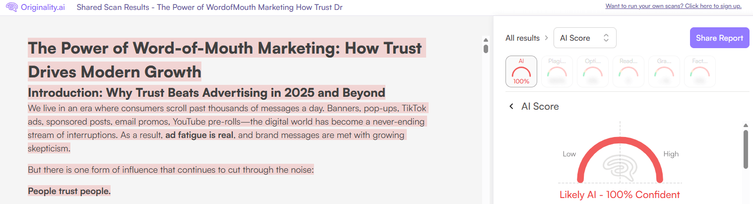 Originality.ai Scan of a GPT-generated e-book