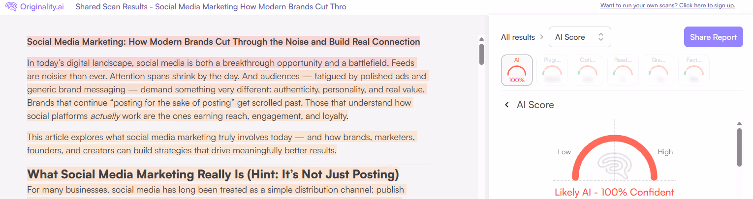 Originality.ai Scan of an AI article